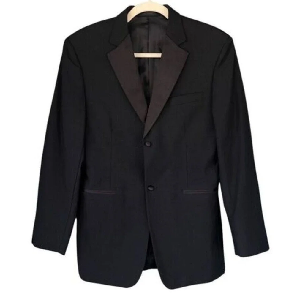 T1 Calvin Klein Tuxedo Blazer Super 100s Wool Peak Lapel Formal Classic Black 18